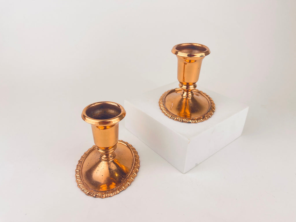 Product image for 'vintage copper plated candlestick holders set of two 2 coronet plate e p lead attractive aged metal patina' (view 18a011)