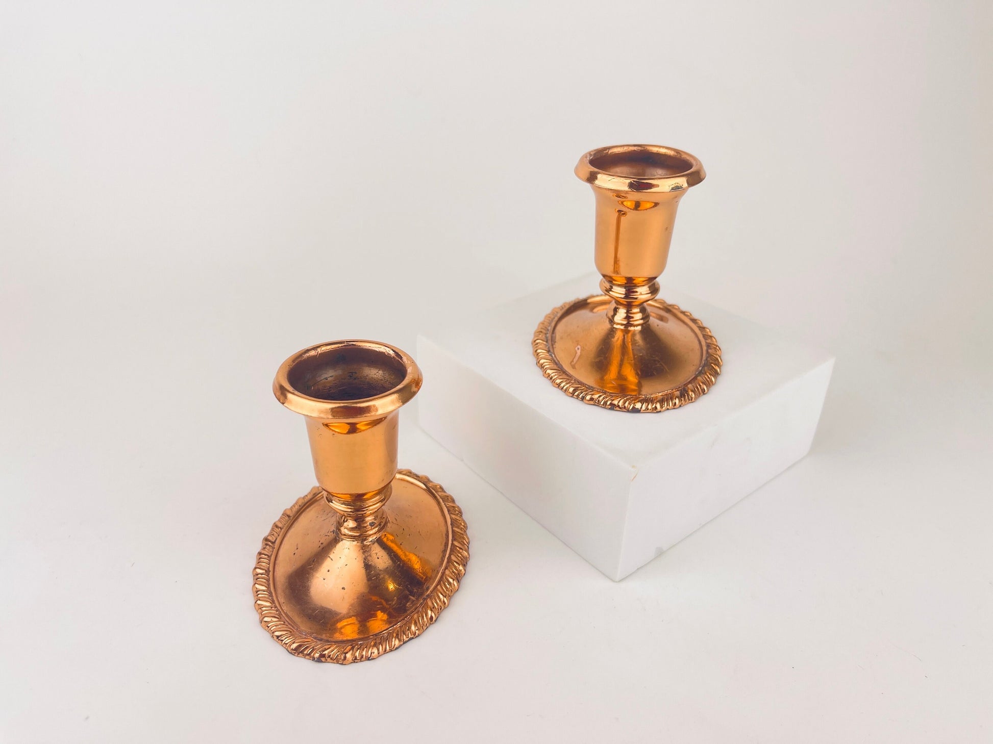 Product image for 'vintage copper plated candlestick holders set of two 2 coronet plate e p lead attractive aged metal patina' (view 18a011)