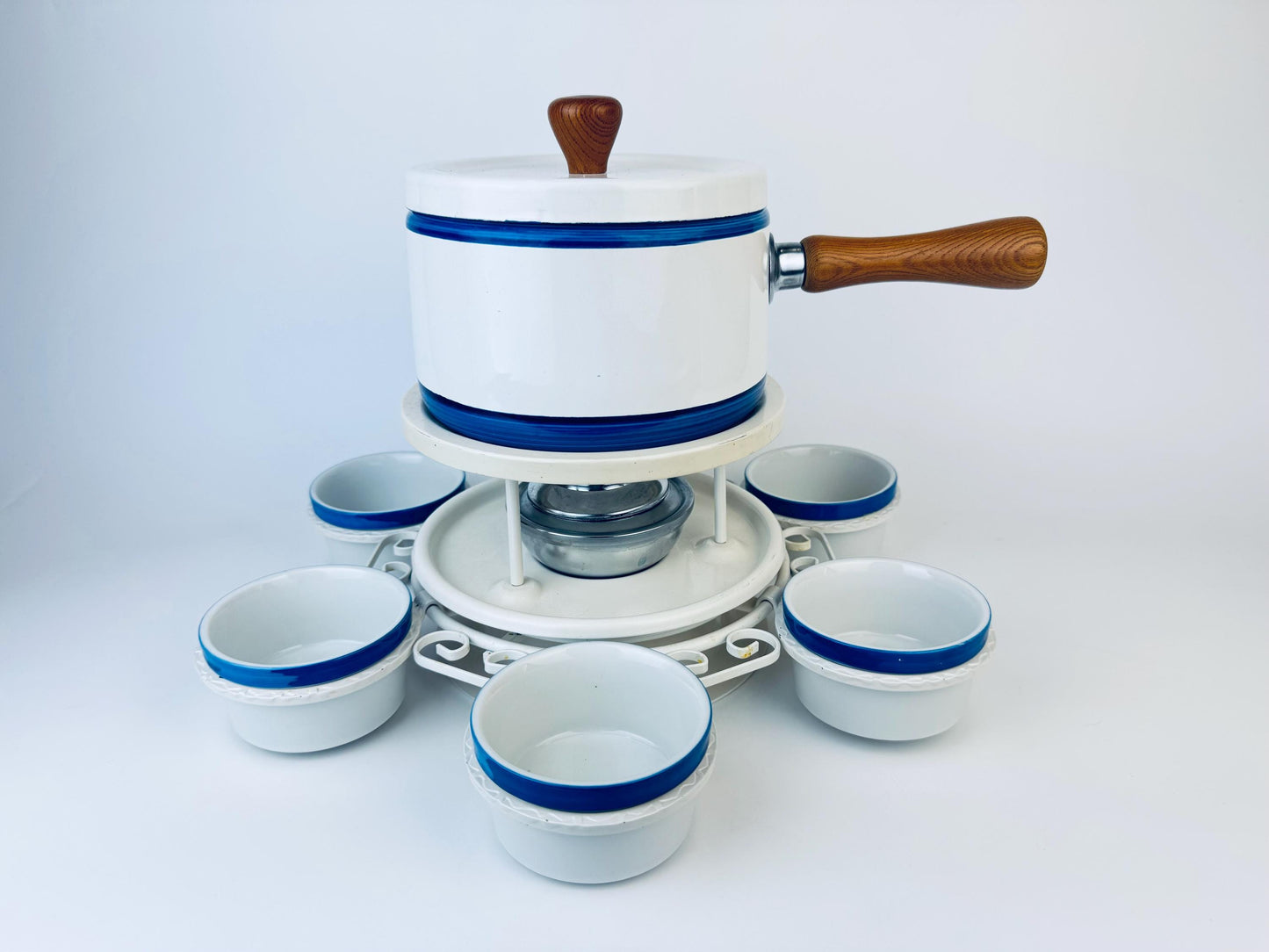 Product image for 'vintage white blue striped lazy susan fondue set' (view f30d81)
