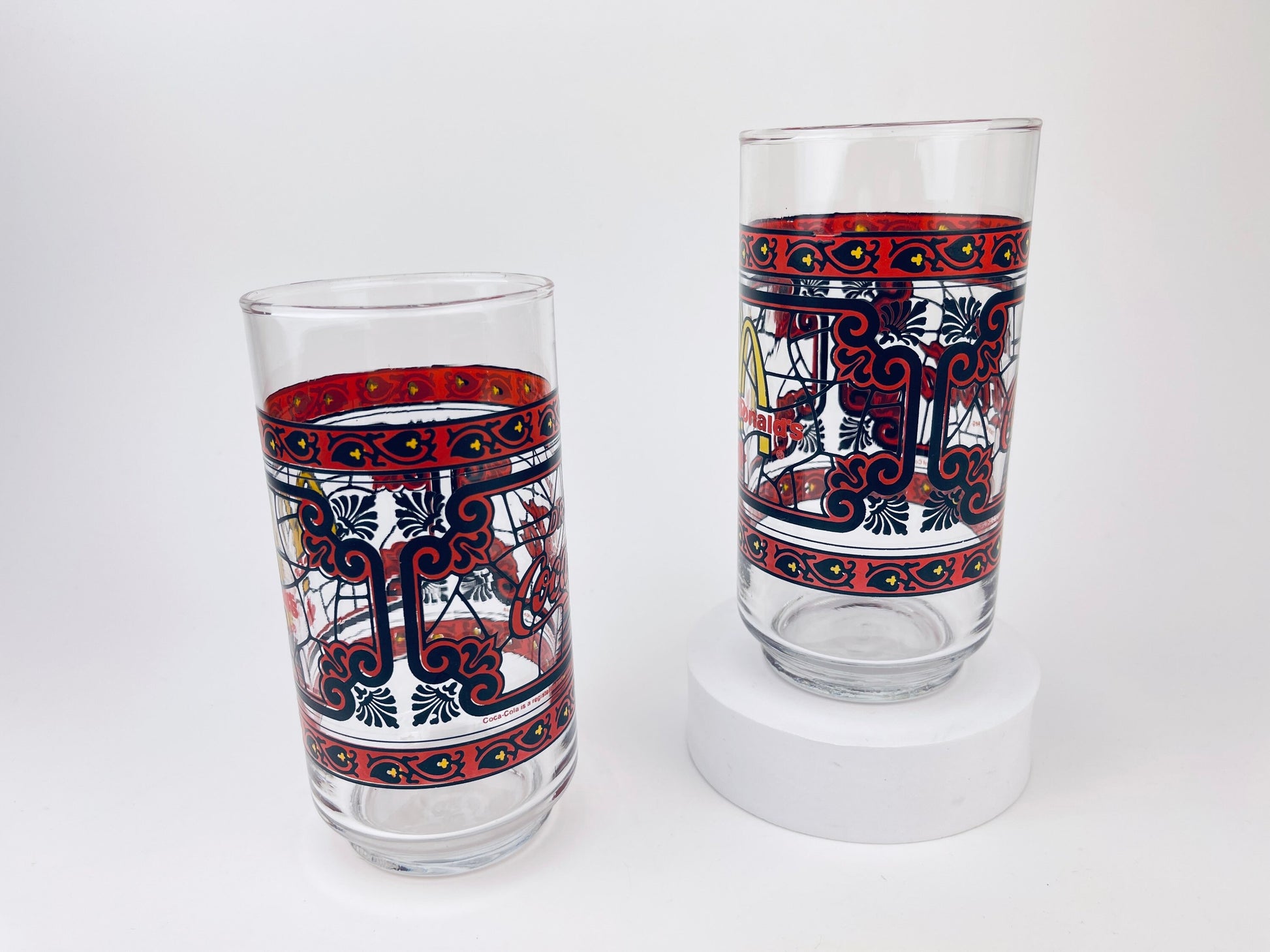 Product image for 'vintage coca cola mcdonalds canada stained glass water tumbler glasses sold individually' (view cb1474)