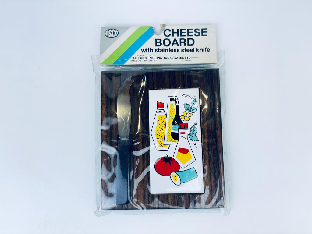 Product image for 'vintage 1970s mid century modern wood tile cheese board with stainless steel knife japan charcuterie serving tray' (view a34c6f)