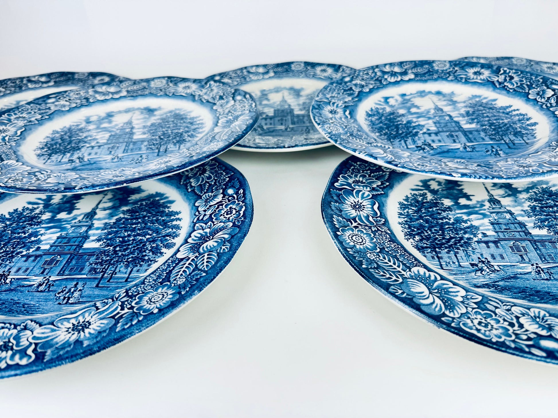 Product image for 'vintage liberty blue staffordshire ironstone 9 75 replacement plates independence hall pattern made in england sold individually' (view df8745)