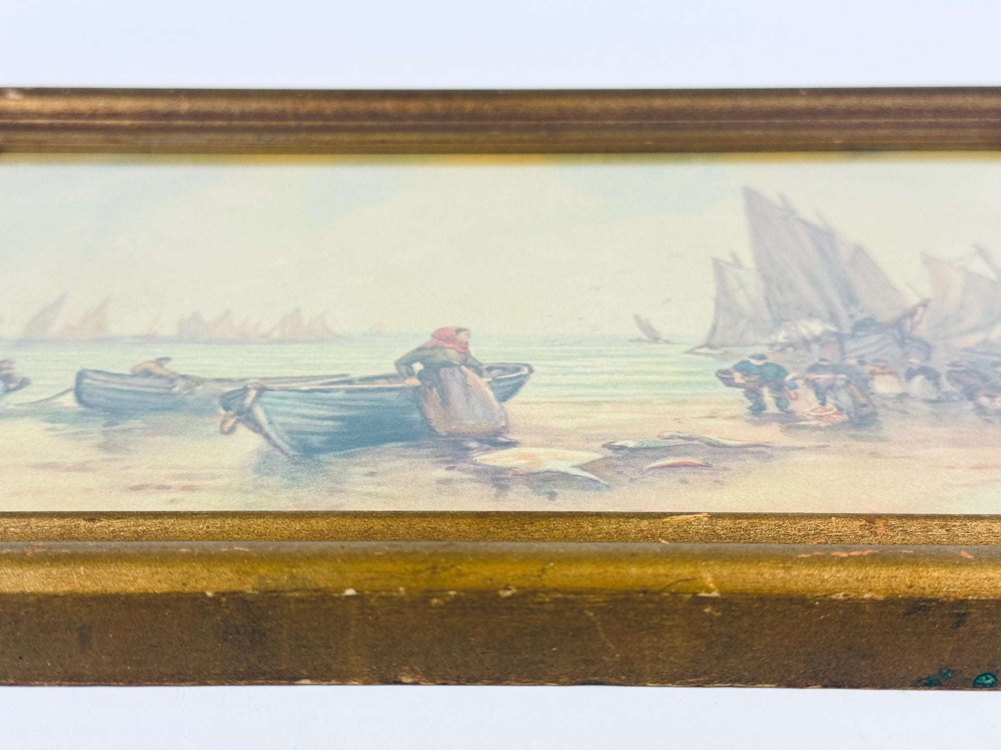 Product image for 'vintage framed coastal lithograph art whitby sands maritime scene m b r inc ny 1940s seaside print' (view 12a06c)
