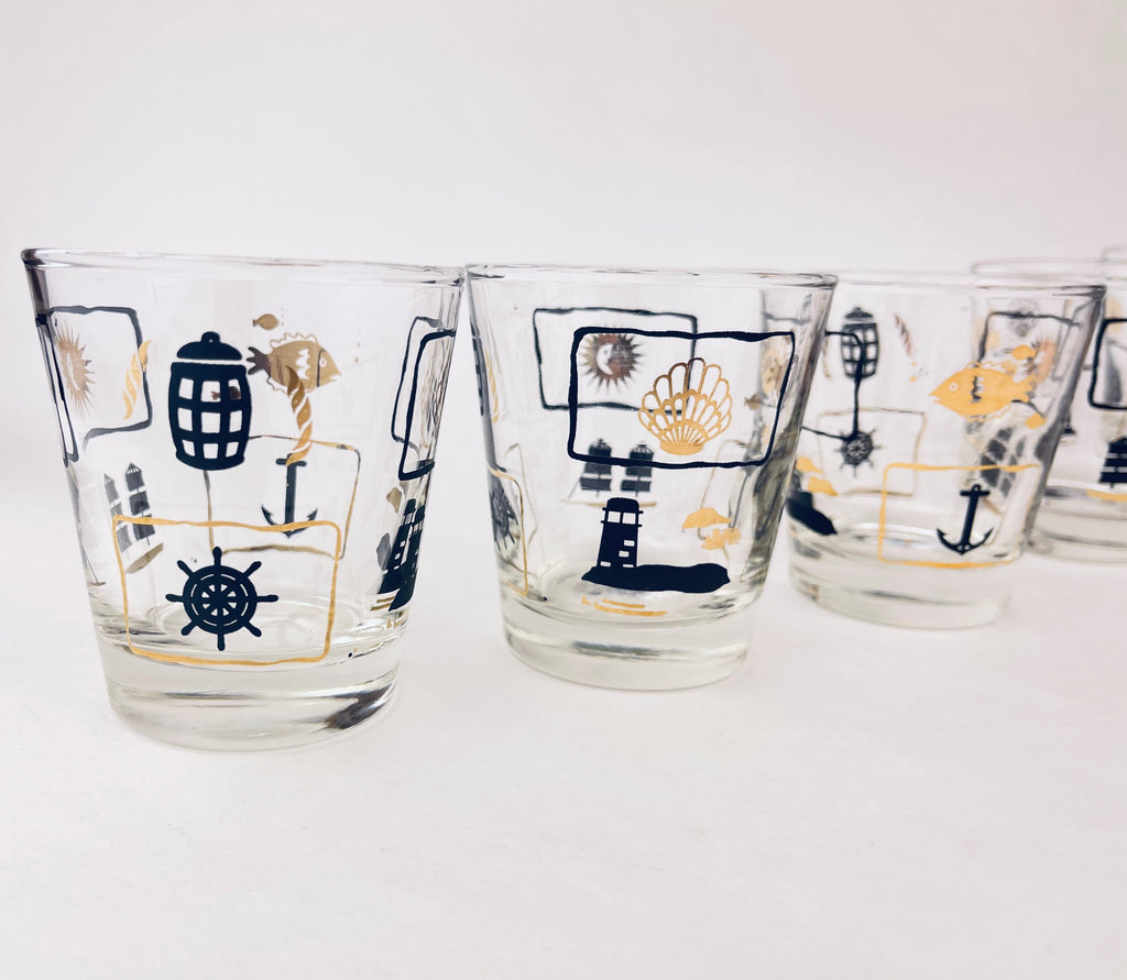 Product image for 'vintage dominion glass nautical pattern whiskey lowball glasses set of five 5' (view 01ec59)