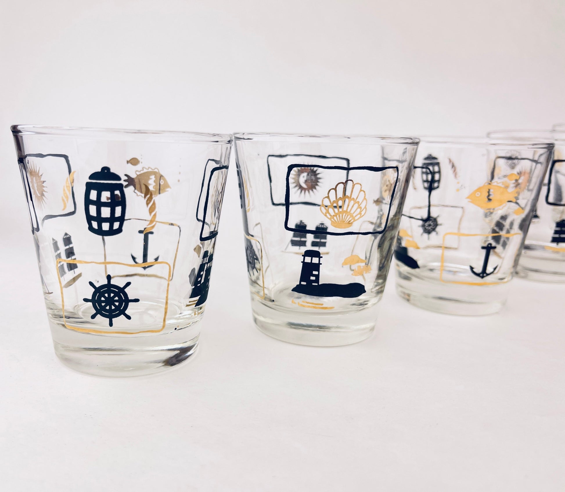 Product image for 'vintage dominion glass nautical pattern whiskey lowball glasses set of five 5' (view 01ec59)