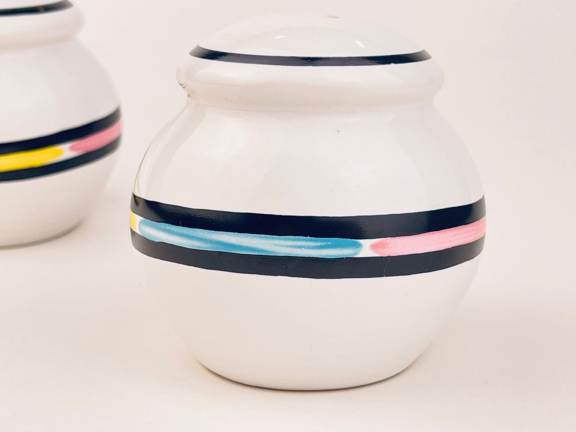 Product image for 'vintage 80s style pastel striped ceramic salt pepper shakers' (view bcca33)