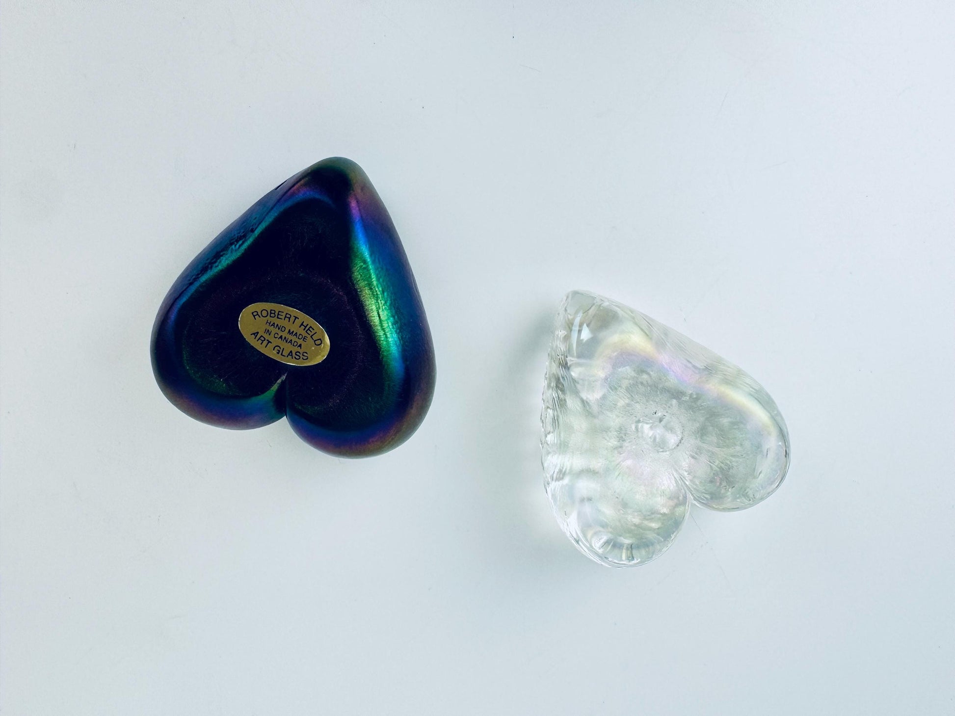 Product image for 'vintage robert held heart shaped iridescent art glass paperweights rainbow clear pattern sold separately' (view 2779c2)