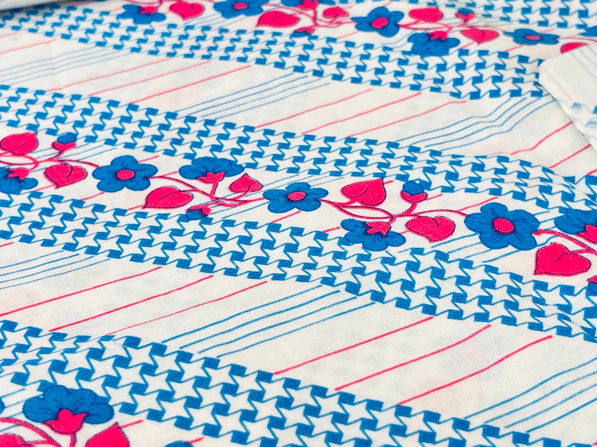 Product image for 'vintage 70s blue pink floral striped polyester fabric 45 x 104' (view 68dc96)