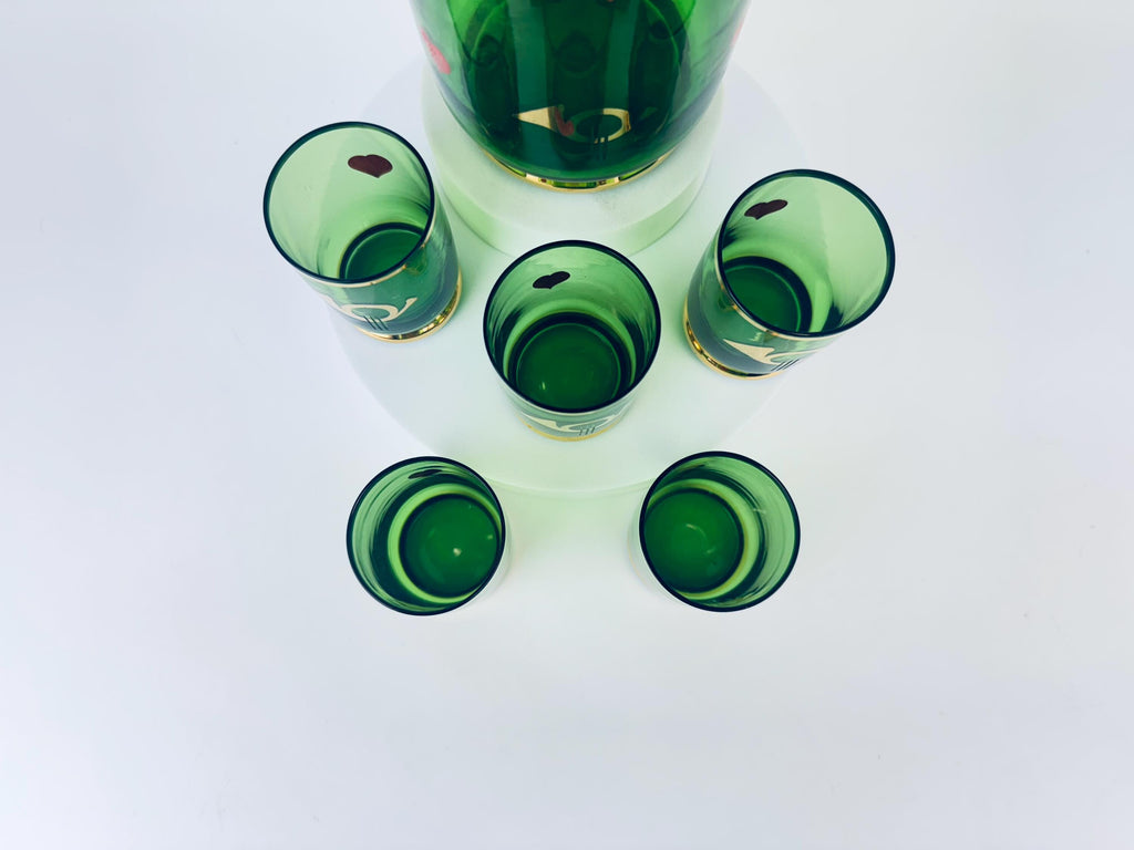 Product image for 'vintage mid century emerald green gold glass decanter shot glass set 1960s mcm heart trumpet barware' (view dced92)