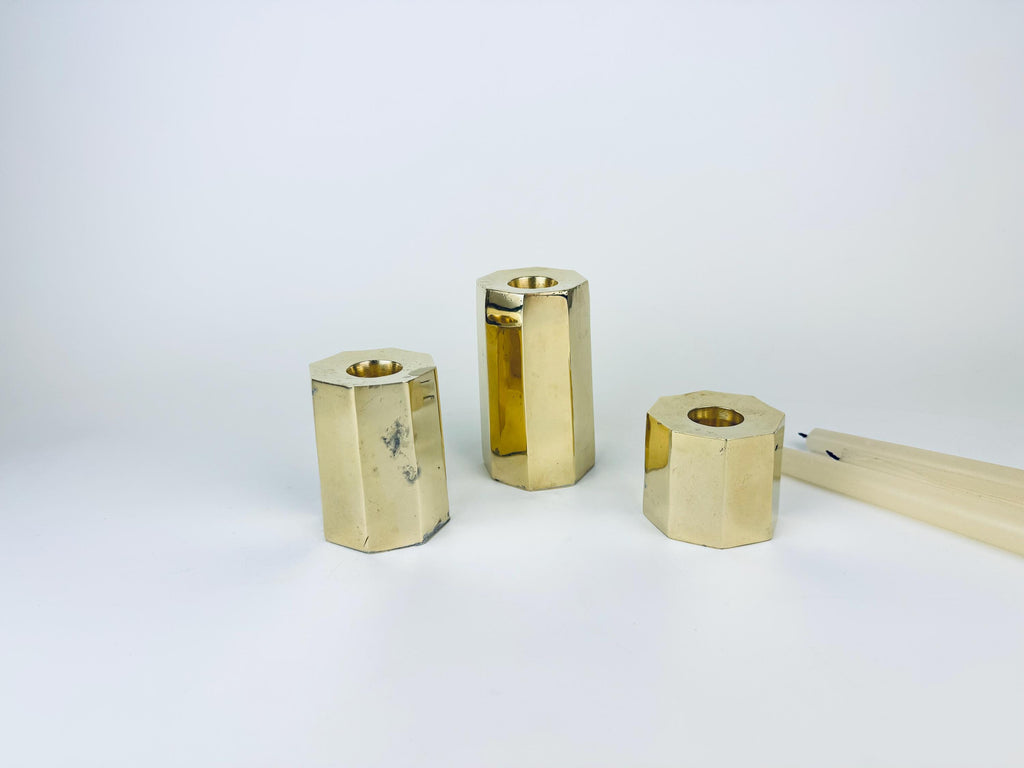 Product image for 'vintage hexagonal solid brass candle stick holders set of three 3' (view 6934cf)
