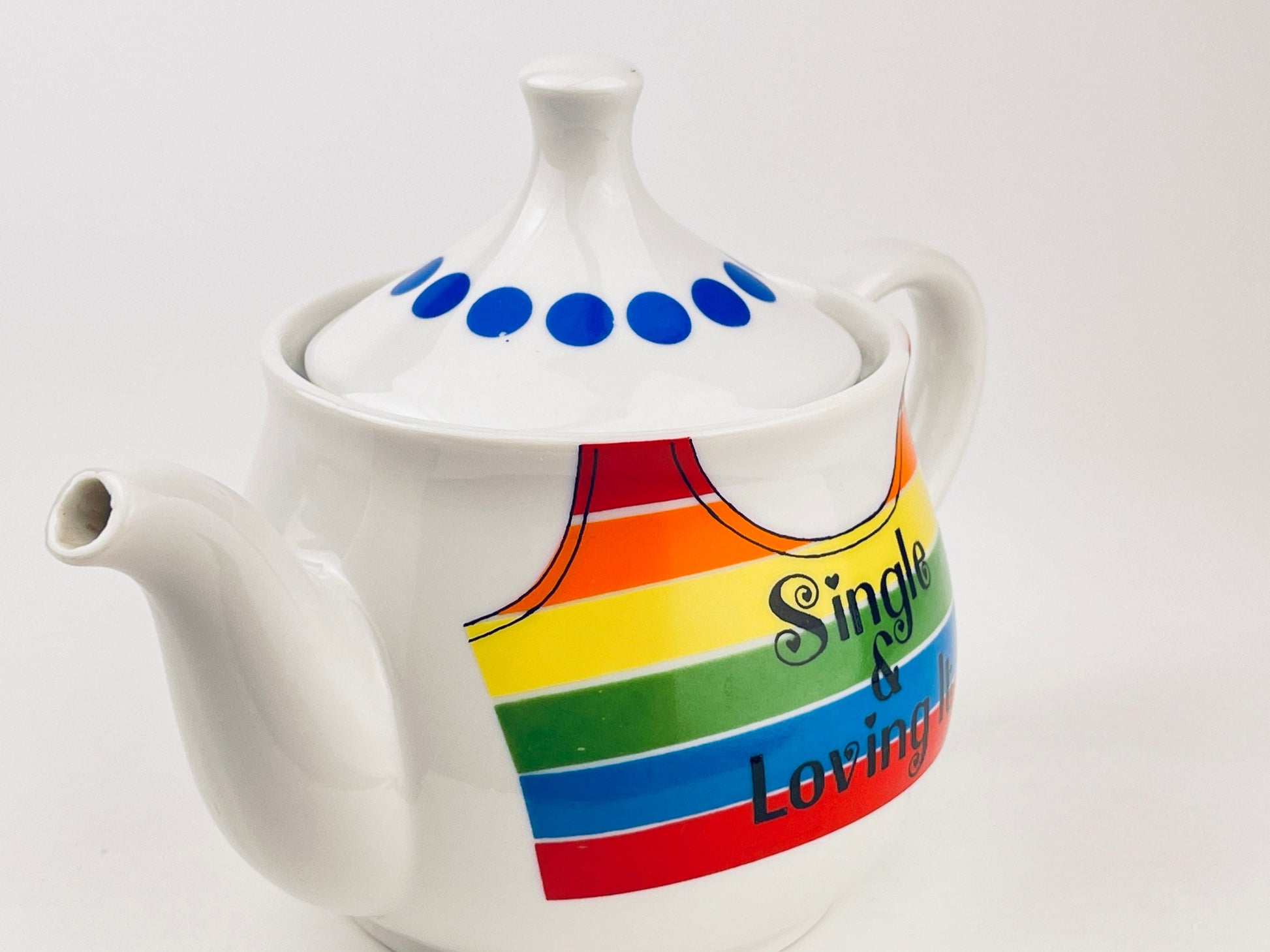 Product image for 'vintage single loving it rainbow stripe teapot with polka dot lid made in japan' (view 81e386)