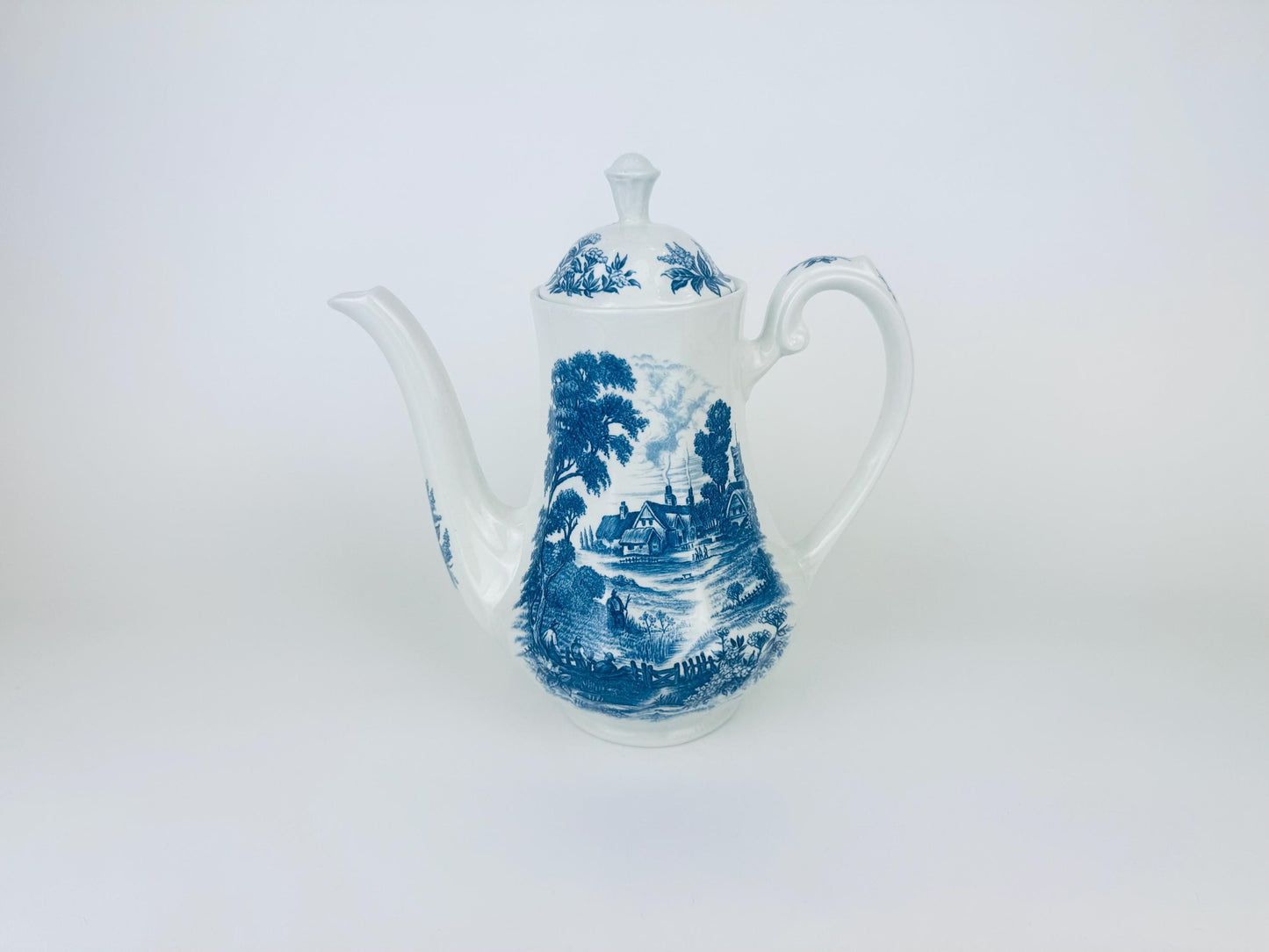 Product image for 'vintage blue white 1960s ridgway meadowsweet ironstone coffee pot english countryside transferware teapot' (view 0b4503)