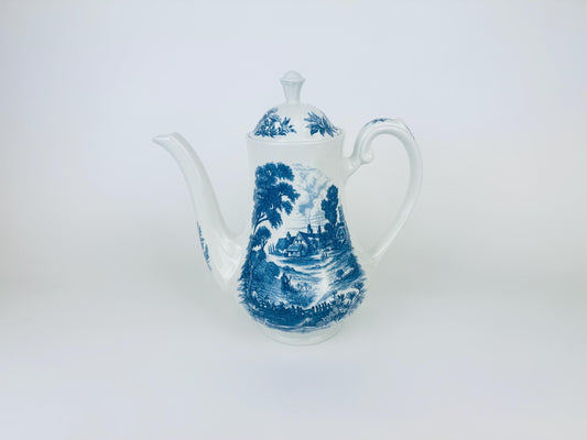 Product image for 'vintage blue white 1960s ridgway meadowsweet ironstone coffee pot english countryside transferware teapot' (view 0b4503)