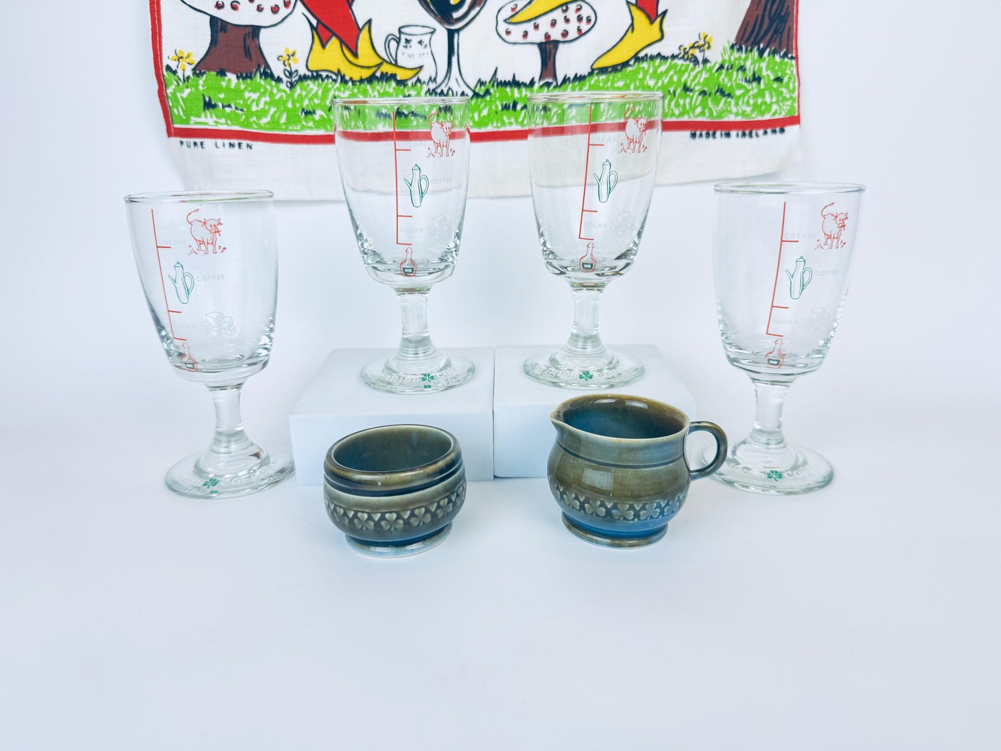 Product image for 'vintage irish coffee gift set 1970s glassware cream sugar linen towel' (view f61918)
