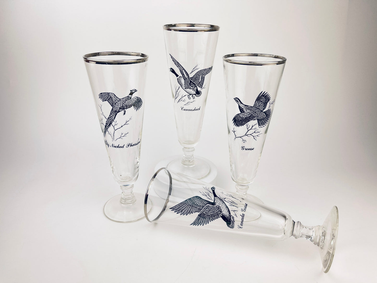 Product image for 'vintage foul bird drinking glasses clear silver rimmed perfect hunter gift sets sold separately' (view 74800a)