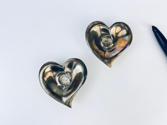 Product image for 'vintage silverplated metal heart tapered candle holder attractive aged metal patina set of two 2' (view a7a630)