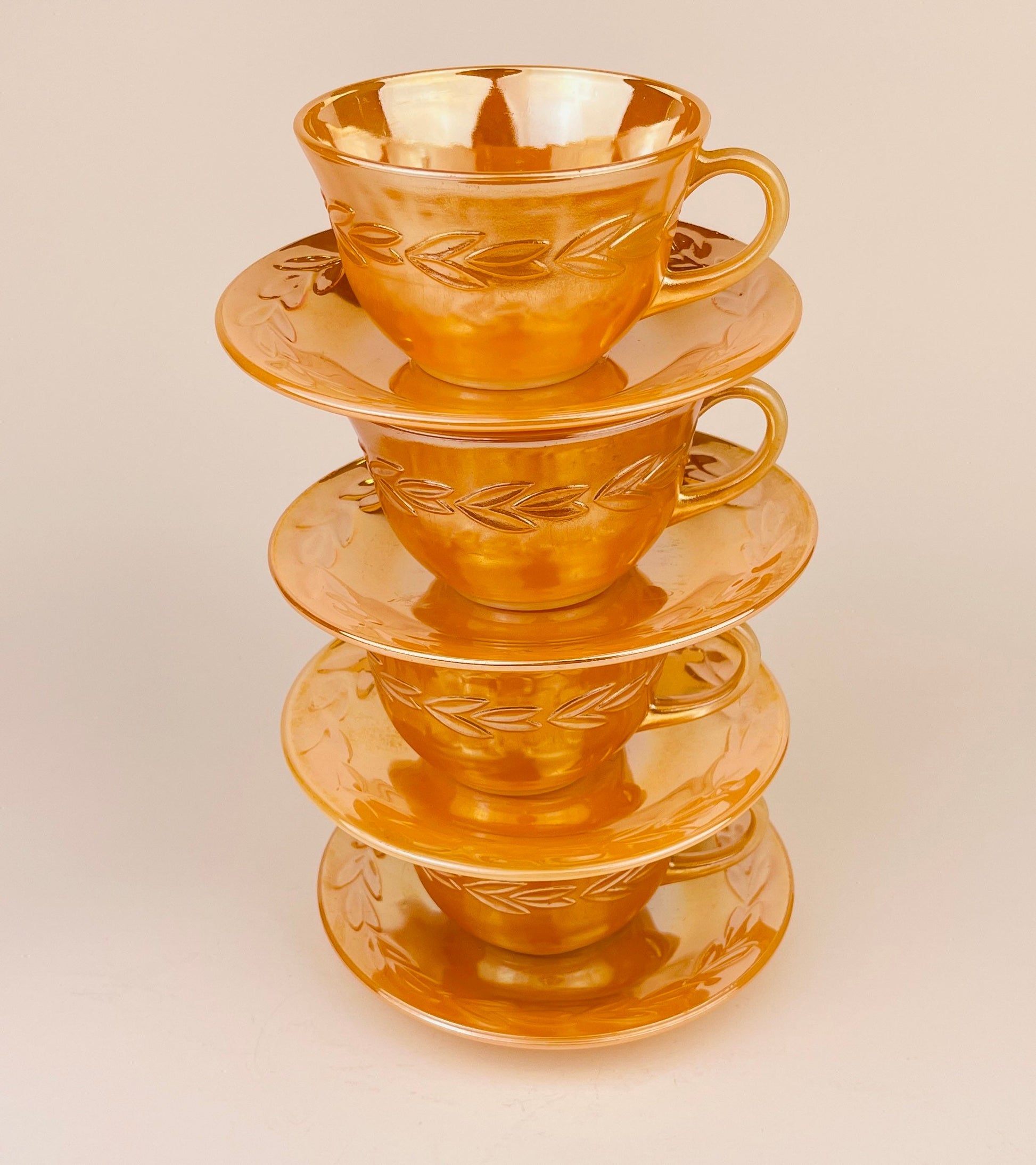 Product image for 'vintage peach lustreware laurel leaf tea cup saucer set replacement anchor hocking fire king made in usa' (view fa2a9d)