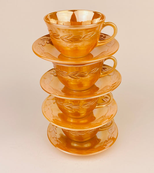 Product image for 'vintage peach lustreware laurel leaf tea cup saucer set replacement anchor hocking fire king made in usa' (view fa2a9d)