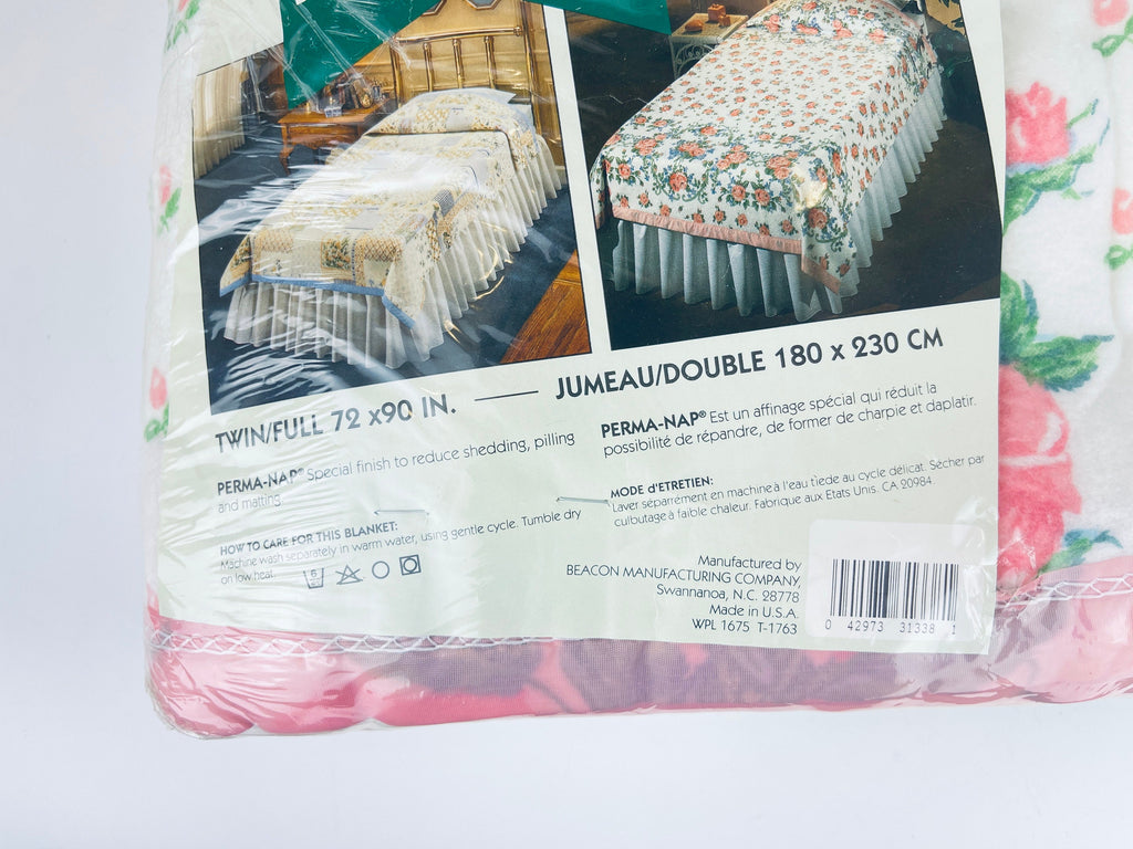 Product image for 'vintage beacon pink floral pattern double full blanket 72 x 90 pink satin ribbon trim nos new old stock made in usa' (view 52ec6d)