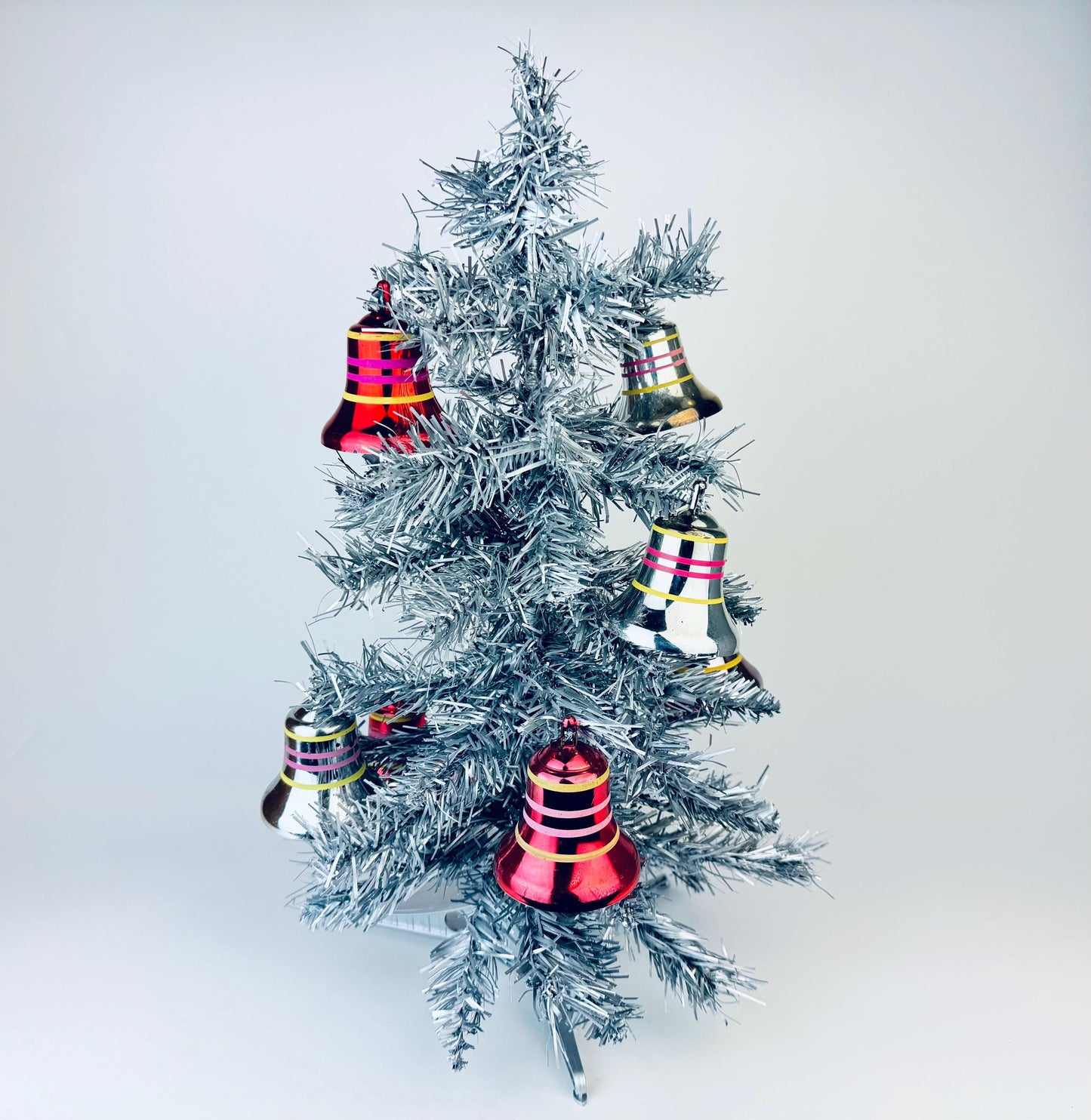 Product image for 'vintage pink silver striped plastic bell christmas tree ornaments set of eight 8' (view 51f242)