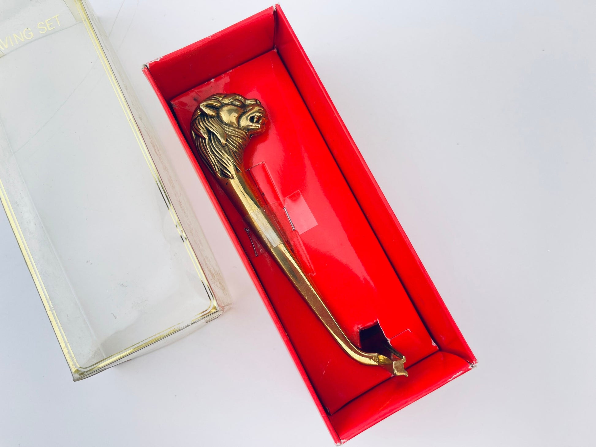 Product image for 'vintage antique deluxe solid brass lion shaver attractive aged metal patina gift for him new in box nib' (view 884e79)