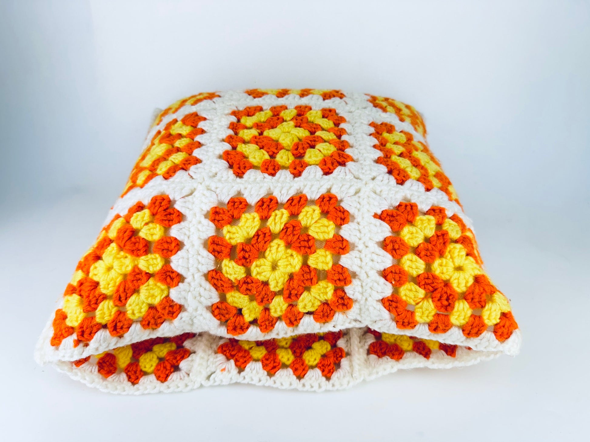 Product image for 'vintage handmade crocheted granny square accent pillow cover sham 14 x 14 orange yellow floral square' (view 668255)