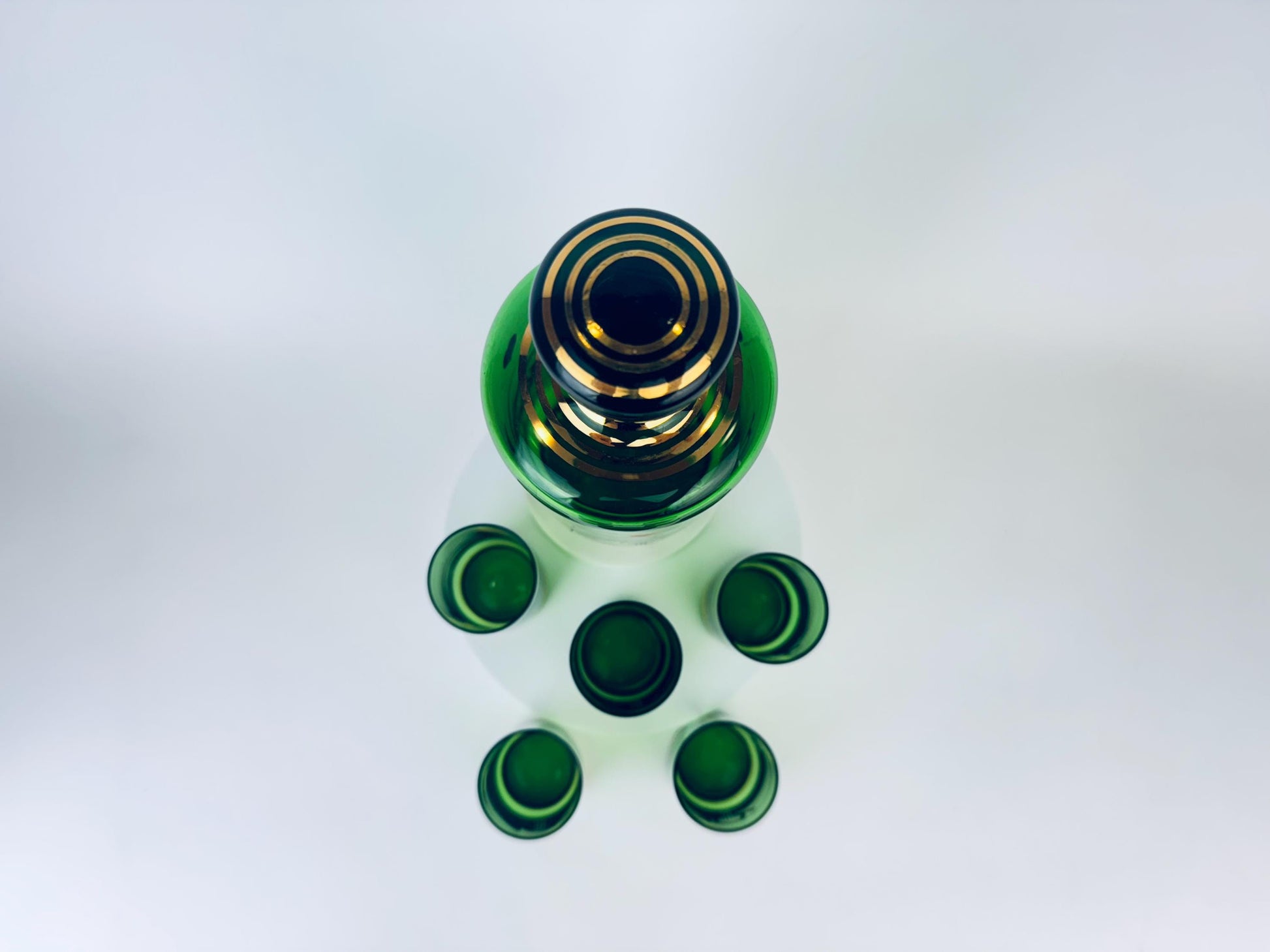 Product image for 'vintage mid century emerald green gold glass decanter shot glass set 1960s mcm heart trumpet barware' (view 1679ff)