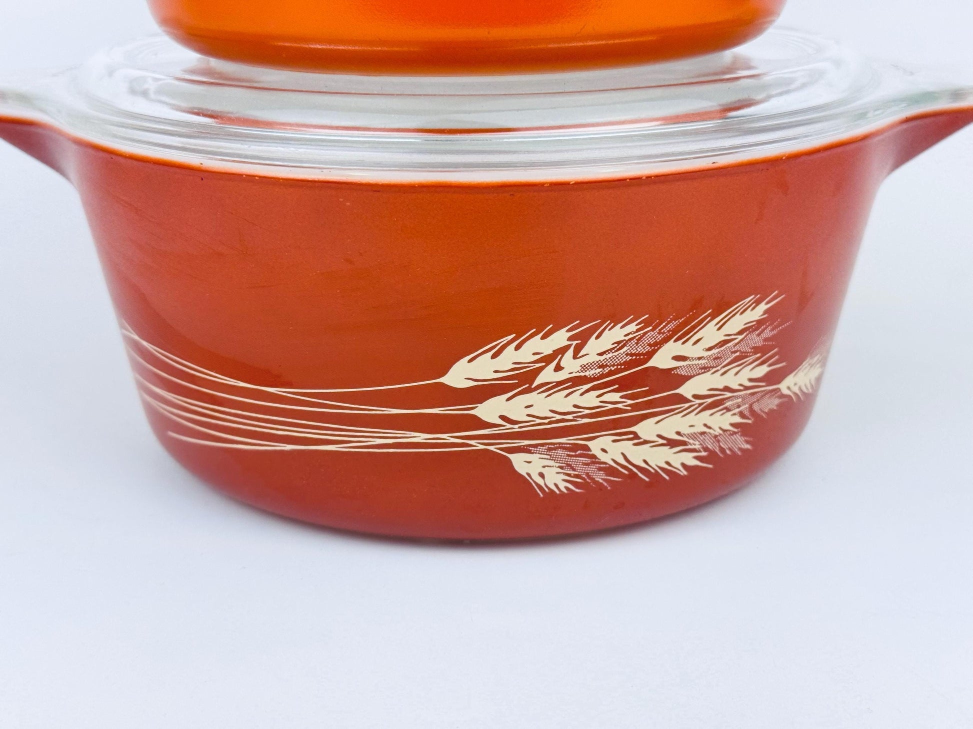 Product image for 'vintage autumn harvest wheat pattern pyrex bright orange casserole dishes dishes sold separately' (view 41ad20)