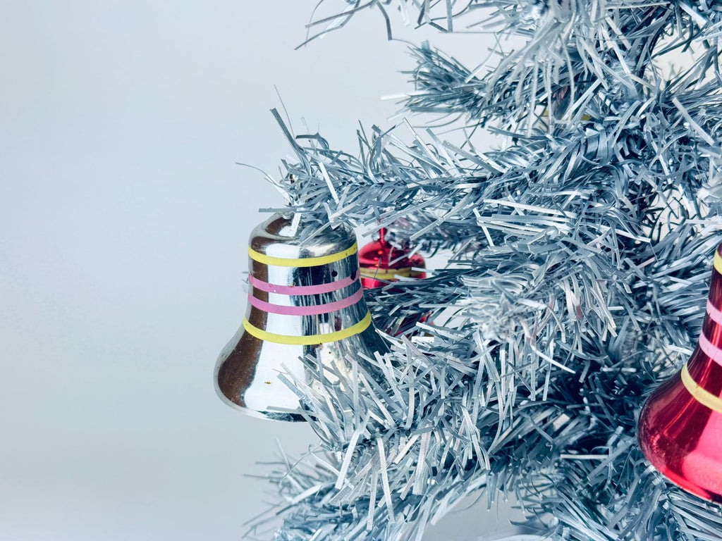 Product image for 'vintage pink silver striped plastic bell christmas tree ornaments set of eight 8' (view 1c1823)