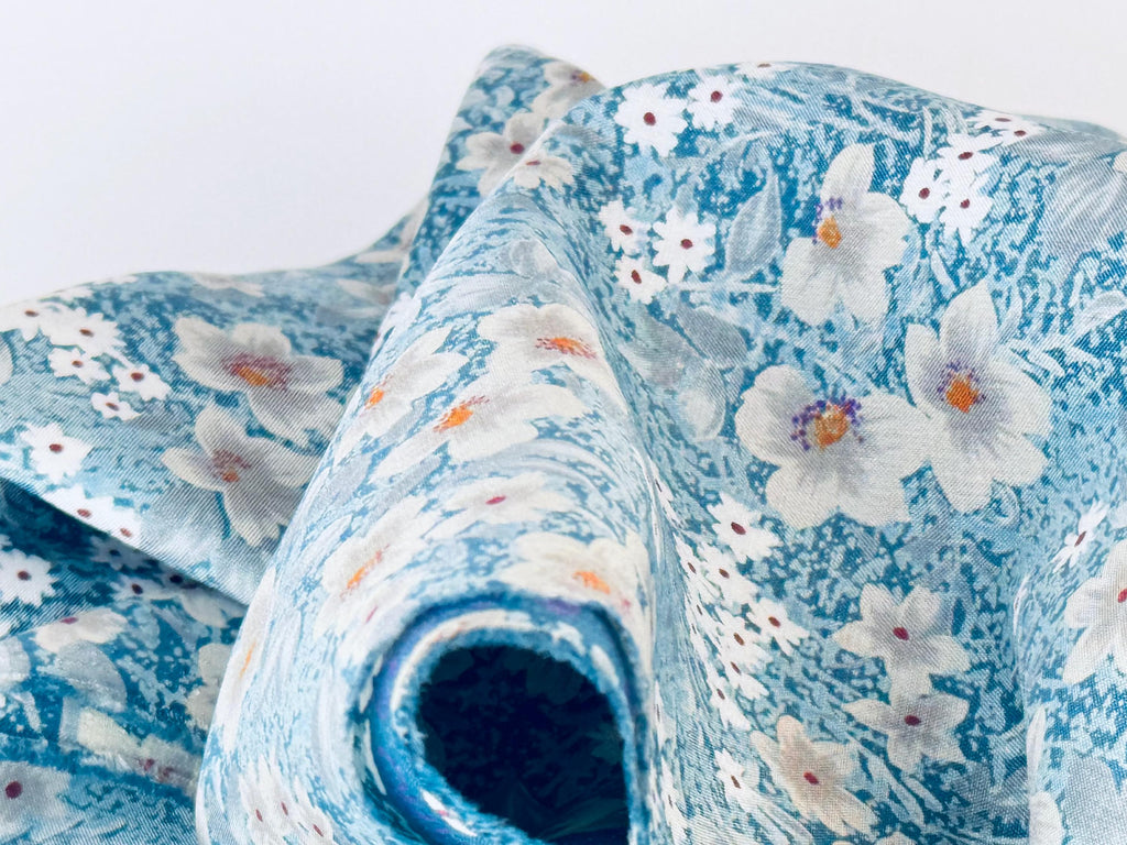 Product image for 'vintage blue white grey floral silky polyester fabric 43 x 86' (view 9c137d)