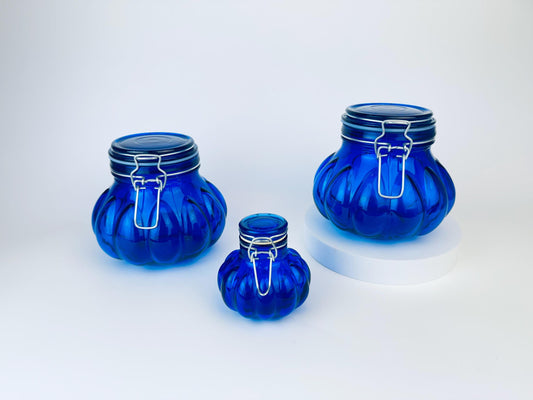 Product image for 'vintage round cobalt blue bubble glass clasp container jars sold separately' (view a207f4)