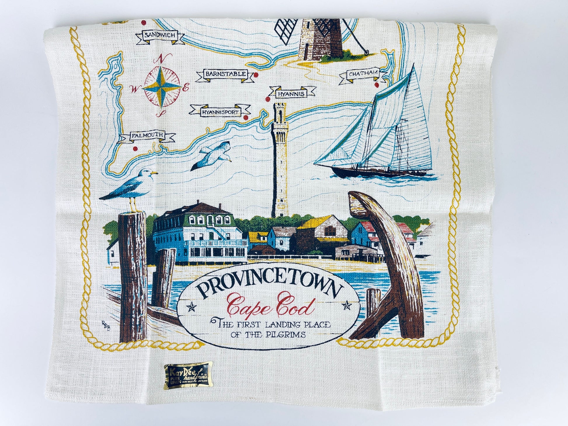 Product image for 'vintage provincetown cape cod linen tea towel the first landing place of the pilgrims pure linen kay dee handprints rhode island' (view 326658)