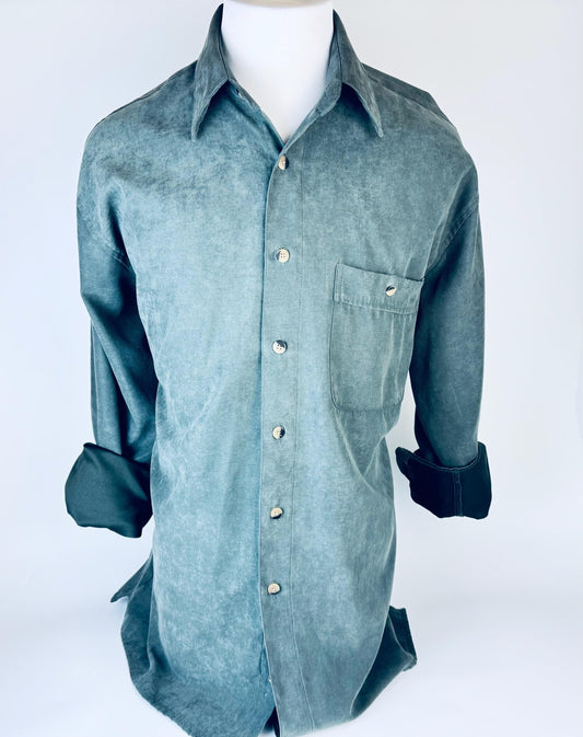 Product image for 'vintage hathaway oversized long sleeve button up soft suede like grey shirt size medium m 100 polyester made in korea' (view 92bfce)