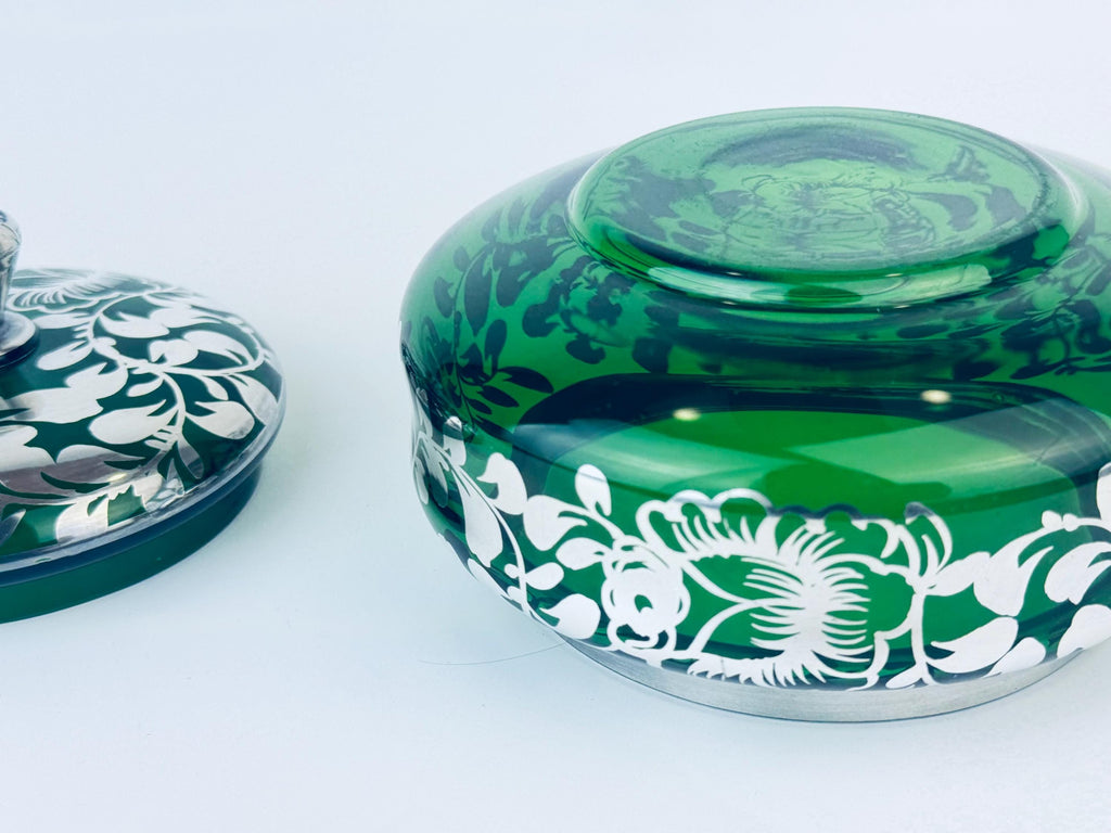 Product image for 'vintage dark forest green lidded glass vanity dresser jar silver floral leaf overlay pattern' (view f1b73d)