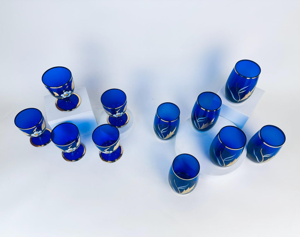 Product image for 'vintage cobalt blue glassware hand painted flowers gold rim small goblet and tumbler set' (view 03d575)