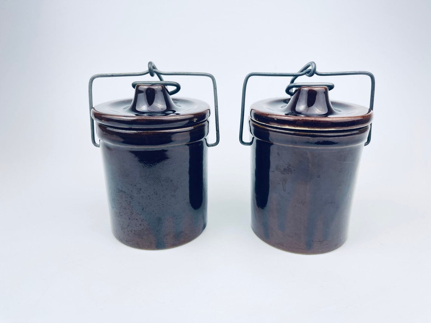 Product image for 'vintage brown drip glazed ceramic jar canister metal clasp top' (view ab7751)