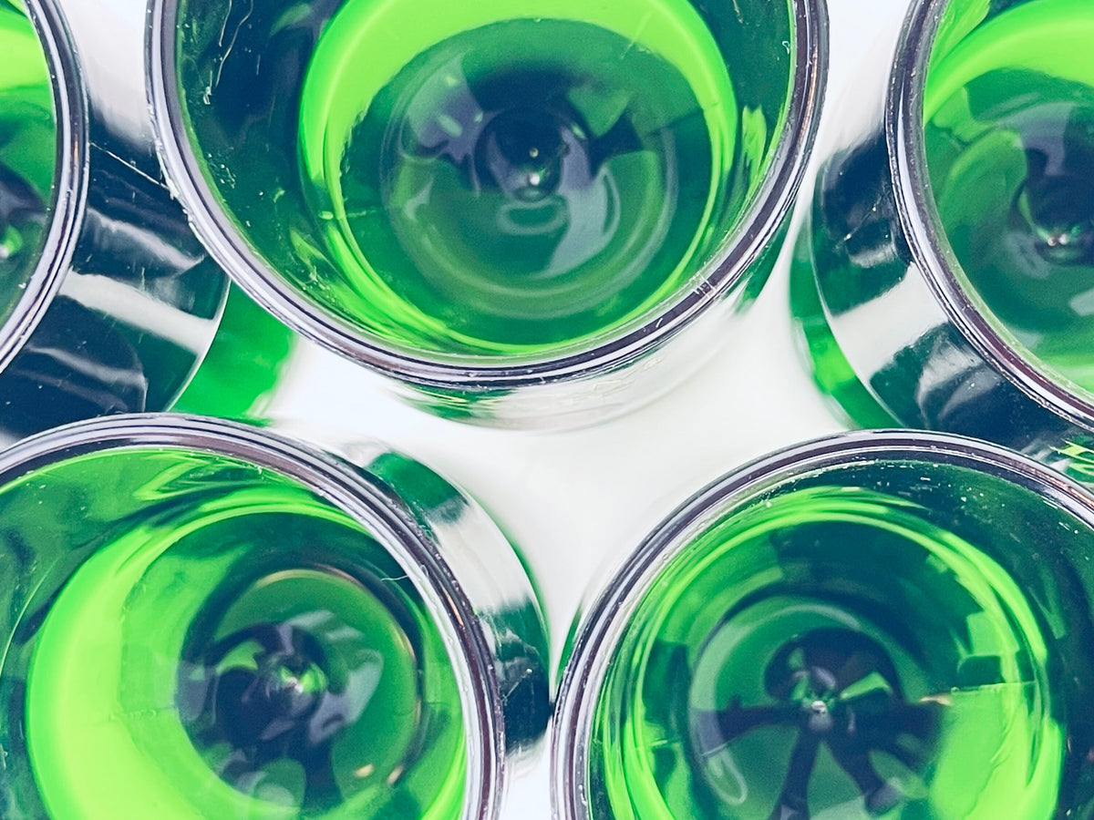 Product image for 'vintage 1970s mid century emerald green dom cafe glasses heavy pressed glass set of 6 liqueur wine goblets' (view 2091da)