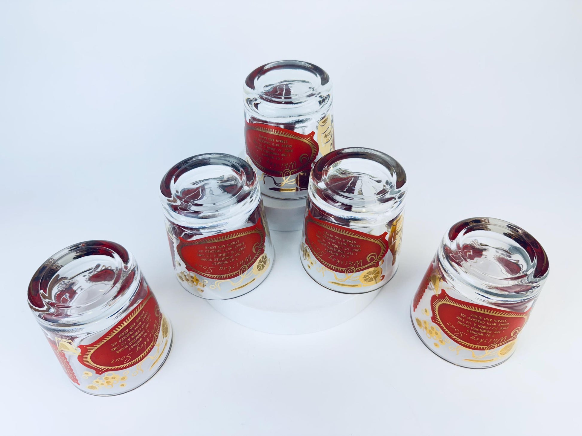 Product image for 'vintage jeanette glass heres how red and gold old fashioned glasses set of five 5' (view d9b624)