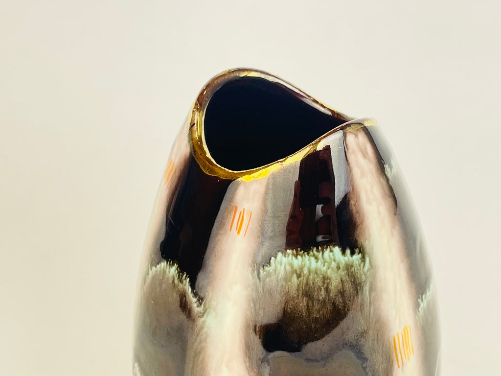 Product image for 'vintage mcm fish mouth pottery vase by jasba teal streak line gold rimmed top model 582 12 made in west germany' (view a60c6e)