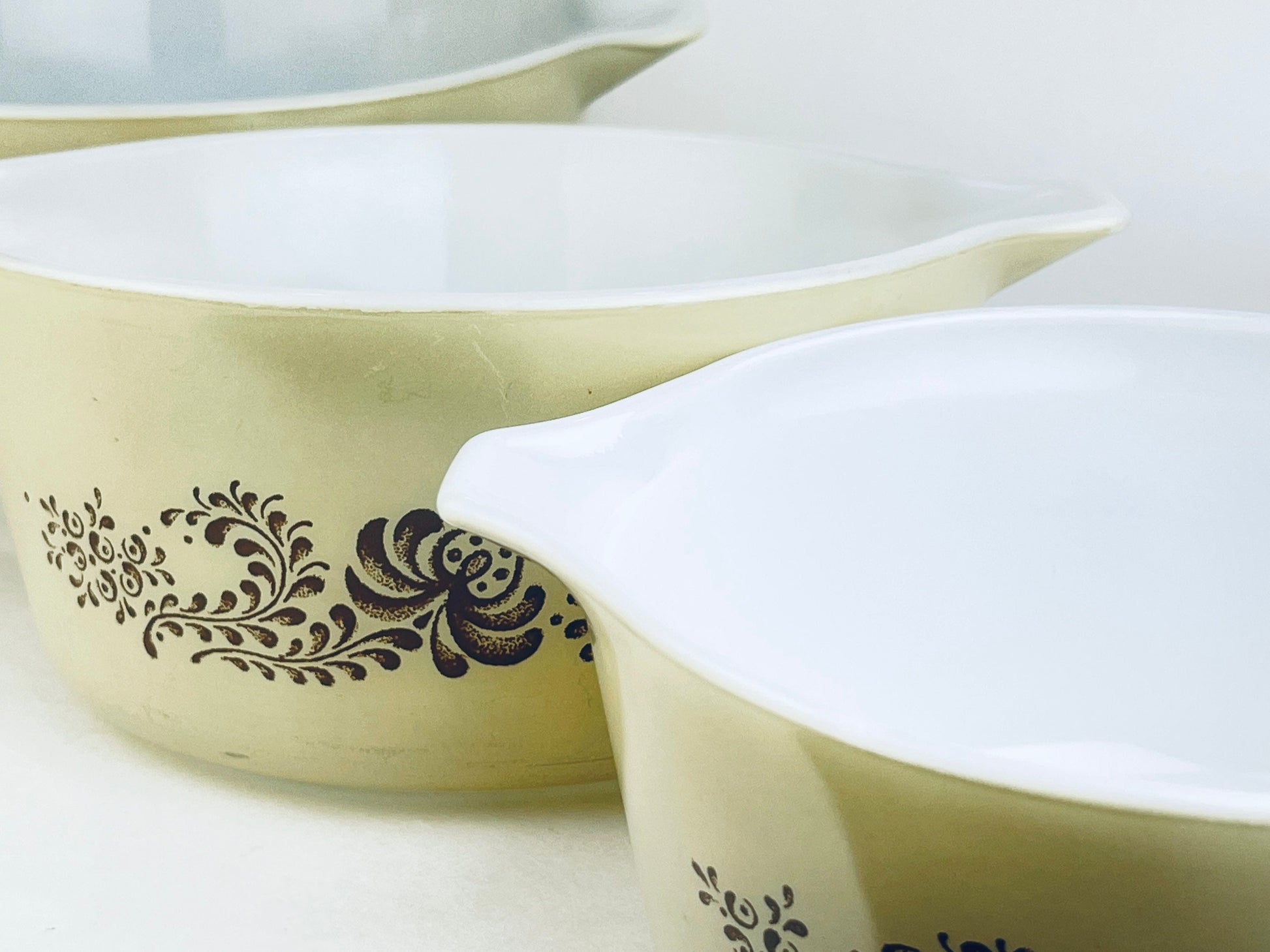 Product image for 'vintage homestead brown swirl pyrex cinderella casserole dishes sold separately' (view c3e526)