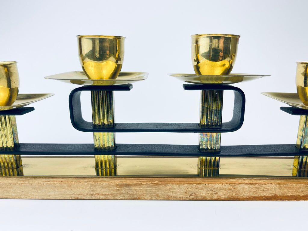 Product image for 'vintage brass teak candlestick holders attractive aged patina centrepiece decor' (view 67e73e)