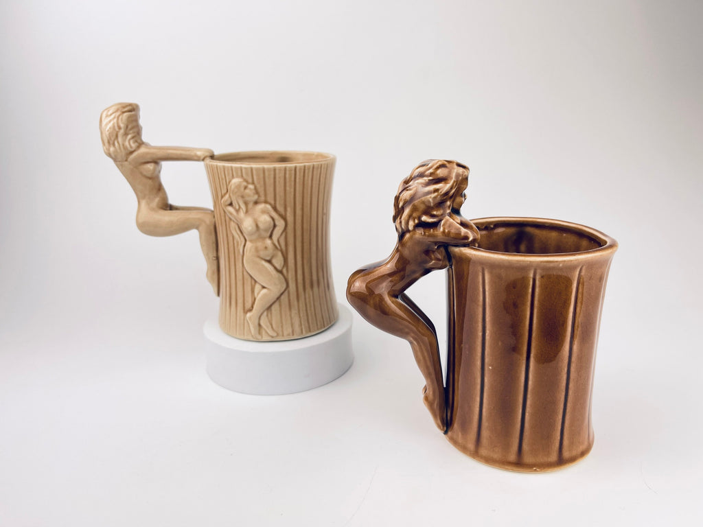 Product image for 'vintage risque nude woman barrel shaped brown ceramic mug sold individually groomsmen barware gift made in japan' (view 75b804)