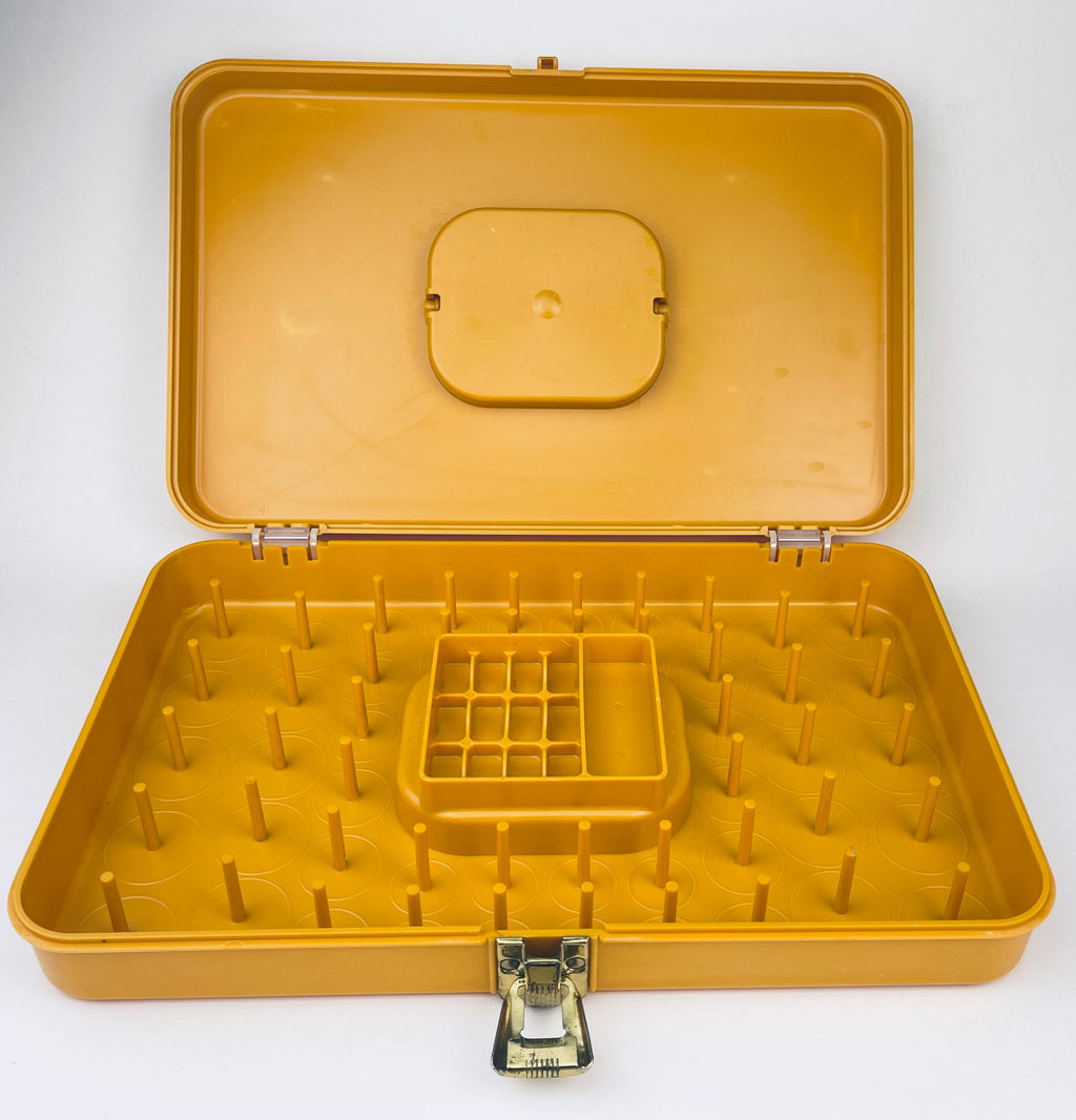 Product image for 'vintage wilson wil hold sewing box mustard yellow swirl pattern with plastic organizers handle' (view 1bbedd)