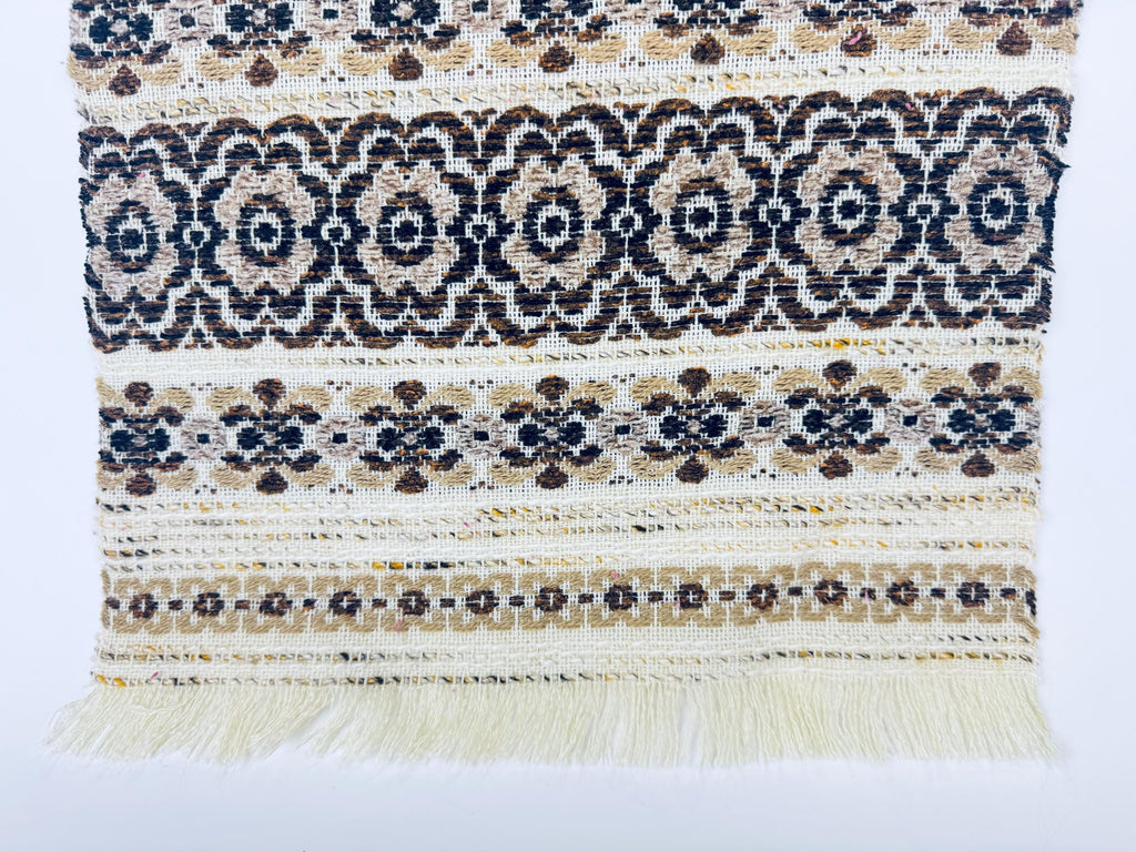 Product image for 'vintage 1970s beige brown floral woven table runner boho loomed textile with fringe ends 14 x 32' (view a7c6c4)