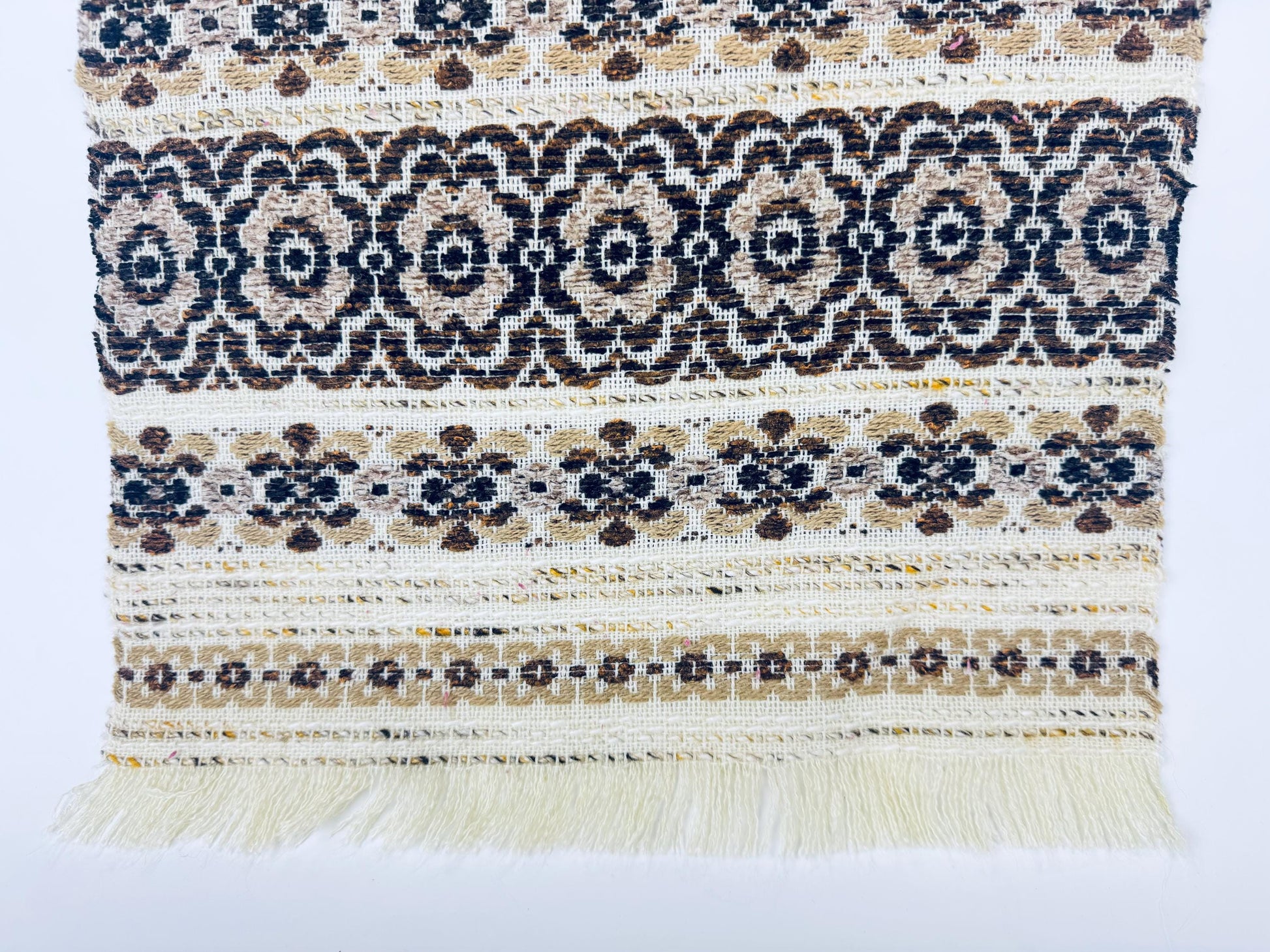 Product image for 'vintage 1970s beige brown floral woven table runner boho loomed textile with fringe ends 14 x 32' (view a7c6c4)