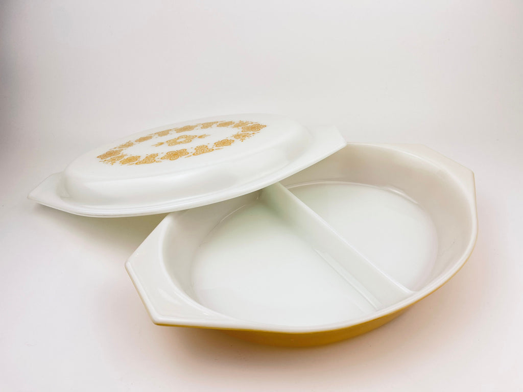 Product image for 'vintage butterfly gold pyrex divided casserole dish 1 qt' (view 4cb649)