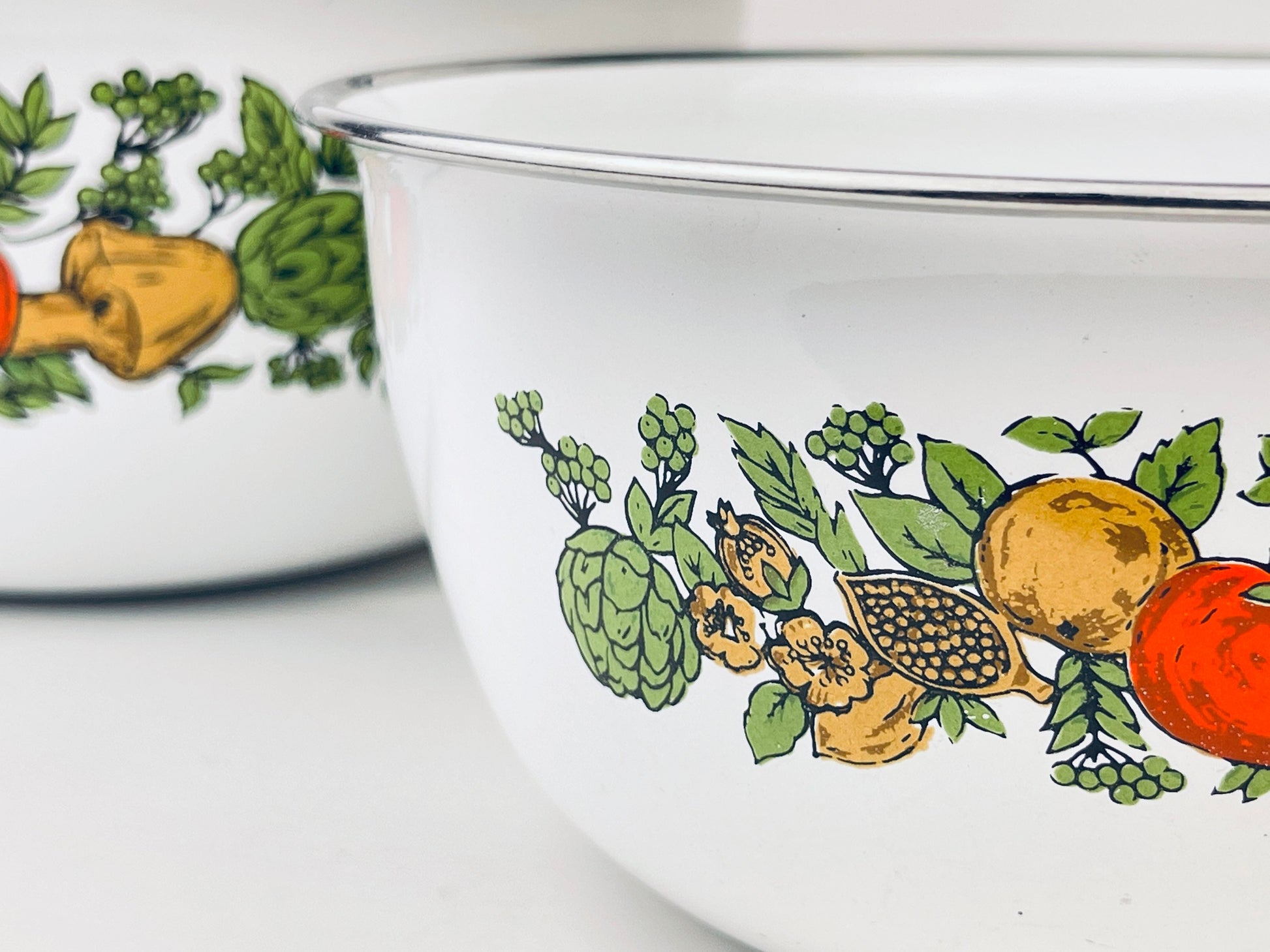 Product image for 'vintage levcoware enamelled nesting mixing bowls vegetable pattern set of two 2' (view e999b2)