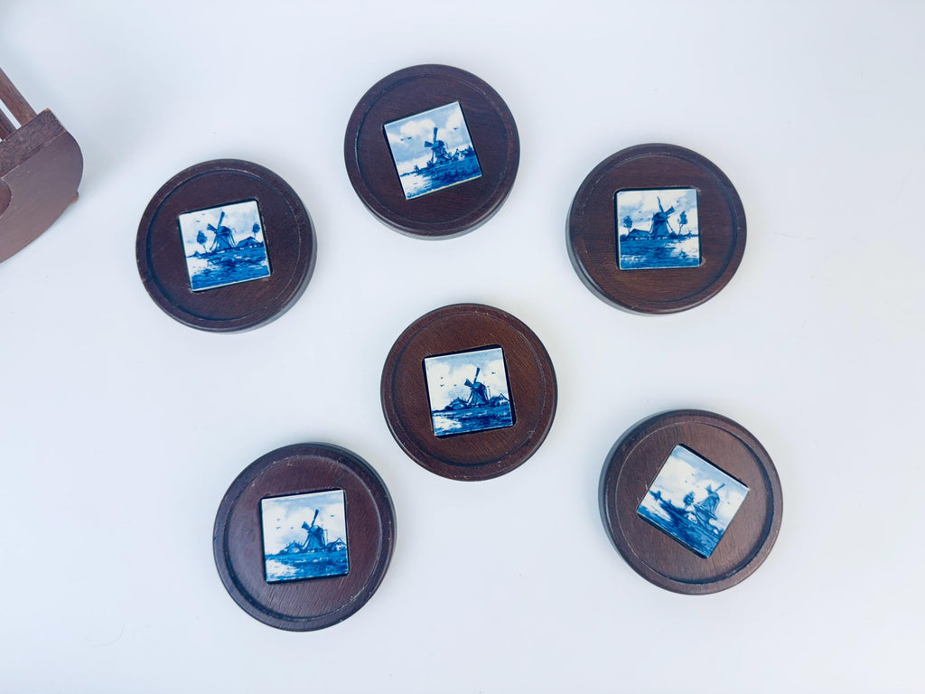 Product image for 'vintage delft windmill blue white coaster set wood ceramic inlay set of six 6' (view 1c0665)