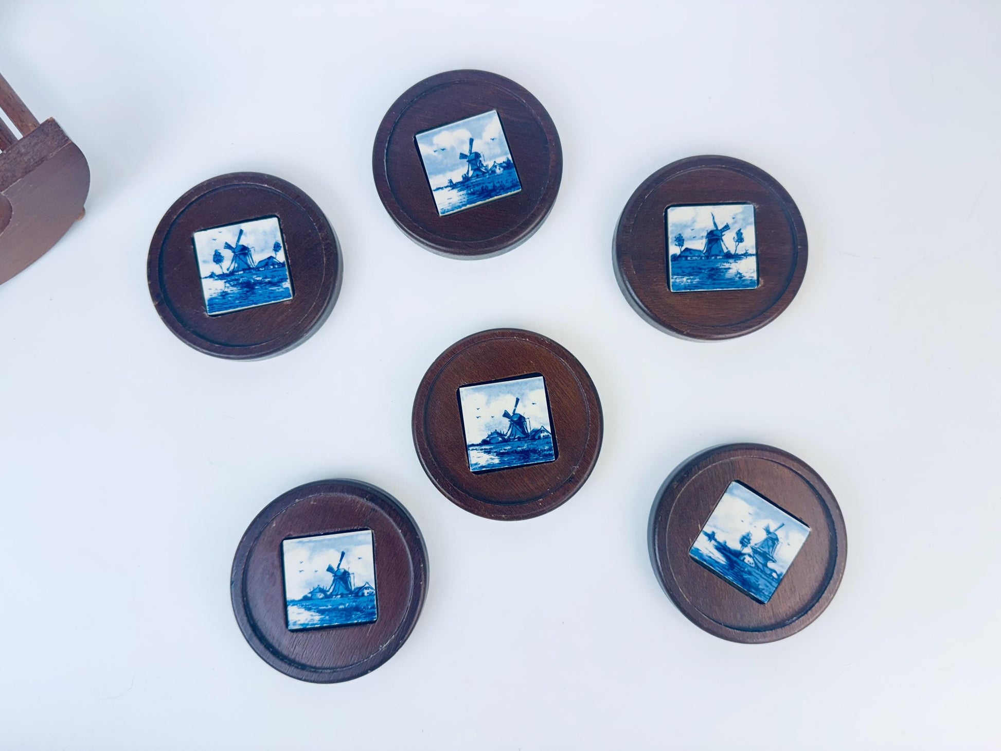 Product image for 'vintage delft windmill blue white coaster set wood ceramic inlay set of six 6' (view 1c0665)