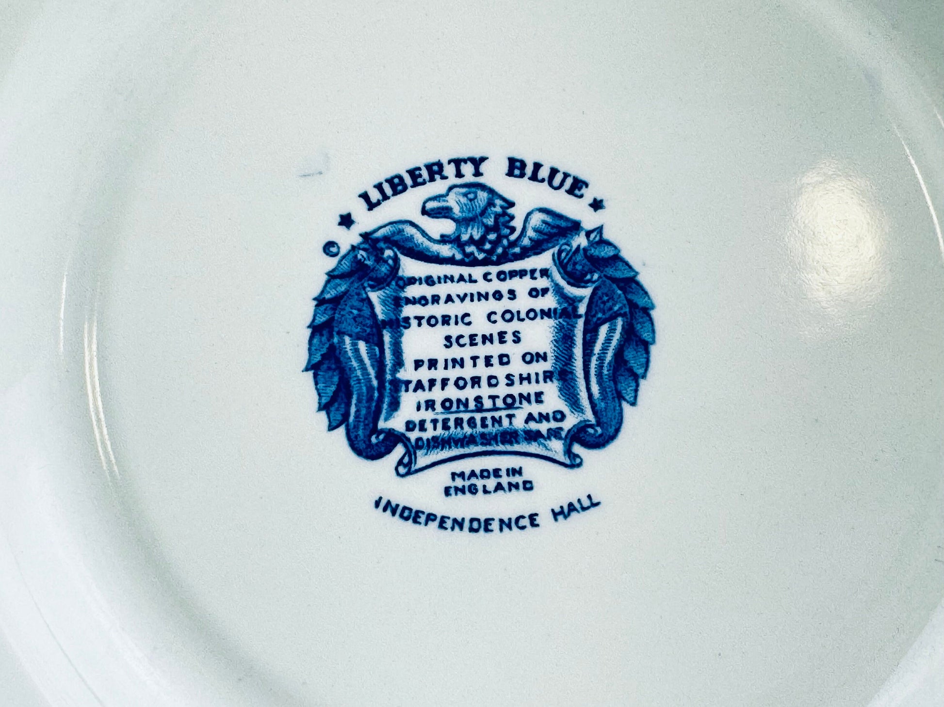 Product image for 'vintage liberty blue staffordshire ironstone 9 75 replacement plates independence hall pattern made in england sold individually' (view 330ec6)